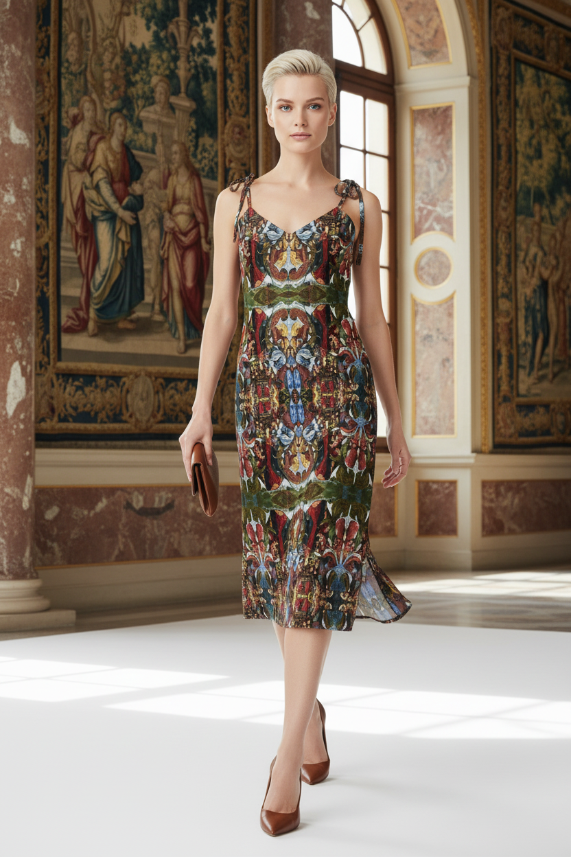 Blonde model walking forward in Renaissance palace