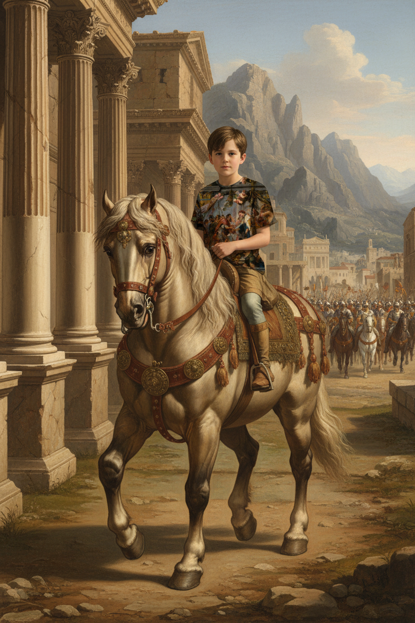 Boy on very large horse in battle gear walking towards camera at an angle showing shirt design in ancient Roman city