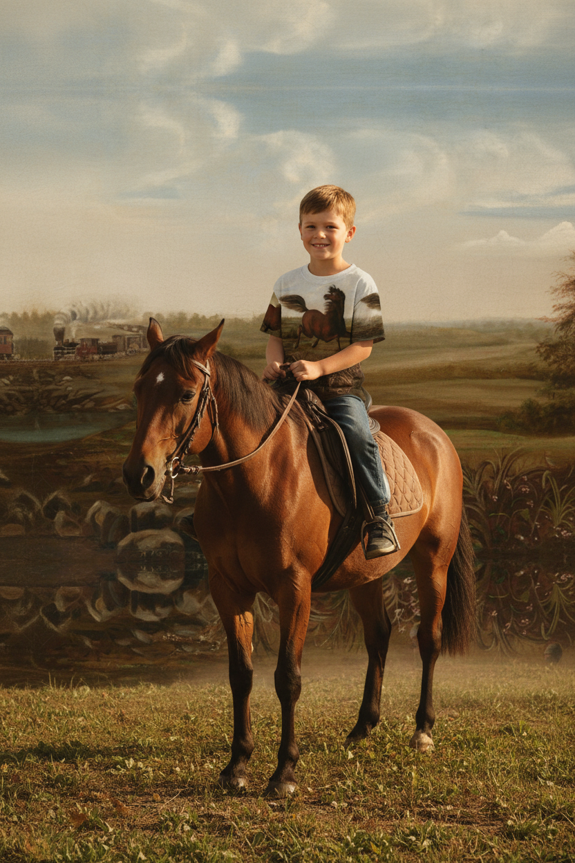 Boy wearing Neigh of an Iron Horse shirt riding horse in countryside with steam train