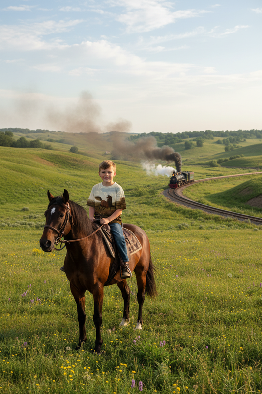 Boy wearing Neigh of an Iron Horse shirt riding large horse in beautiful valley with steam locomotive behind