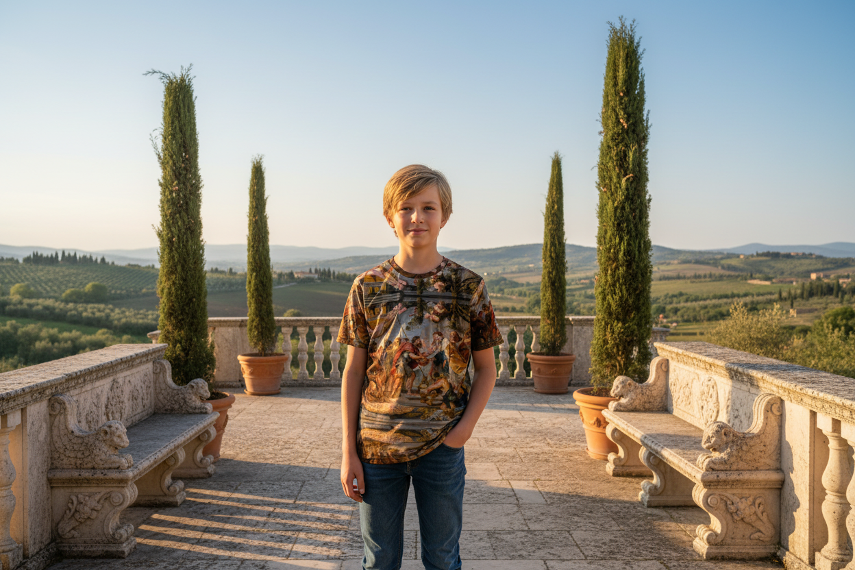 Boy wearing The Meeting of Abraham and Melchizedek t-shirt on Renaissance terrace