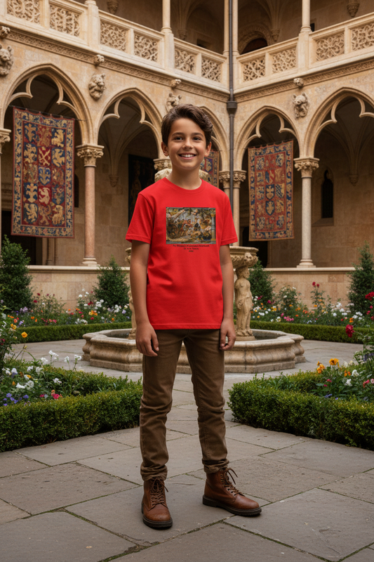 Boy youth in opulent medieval courtyard - Abraham and Melchizedek tee