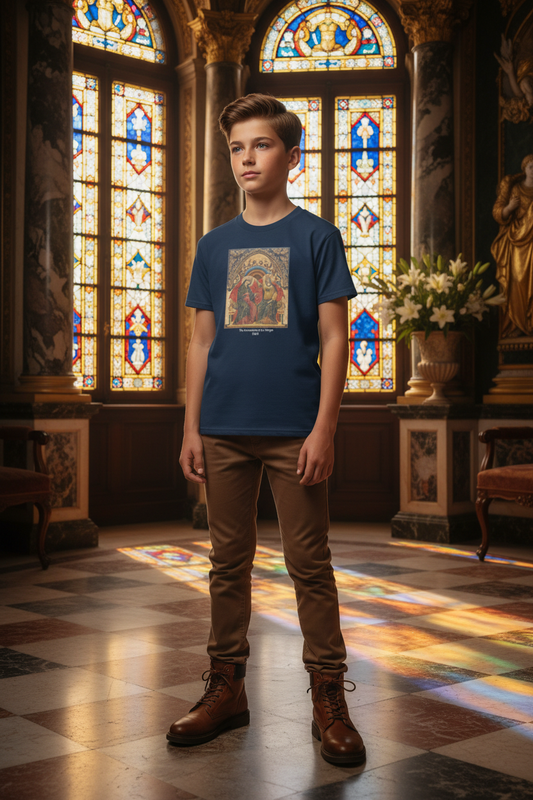 Boy youth in stained glass Renaissance palace - The Coronation of the Virgin tee