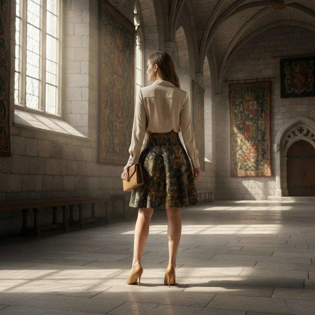 Bright back view of model in medieval tapestry skirt