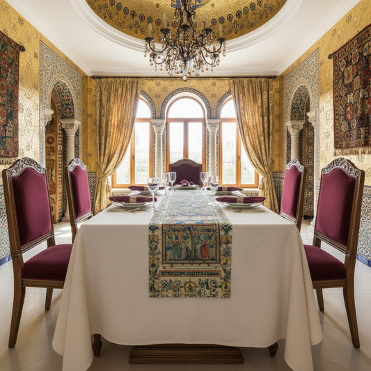 Bright Byzantine dining room with Christ and the Virgin Enthroned table runner