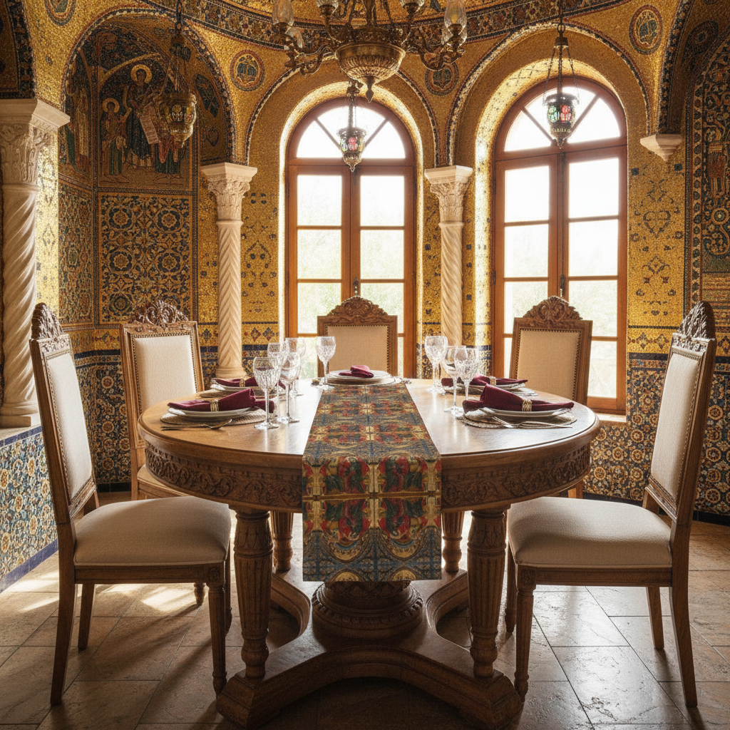 Bright Byzantine dining room with Coronation of the Virgin table runner showing overhang