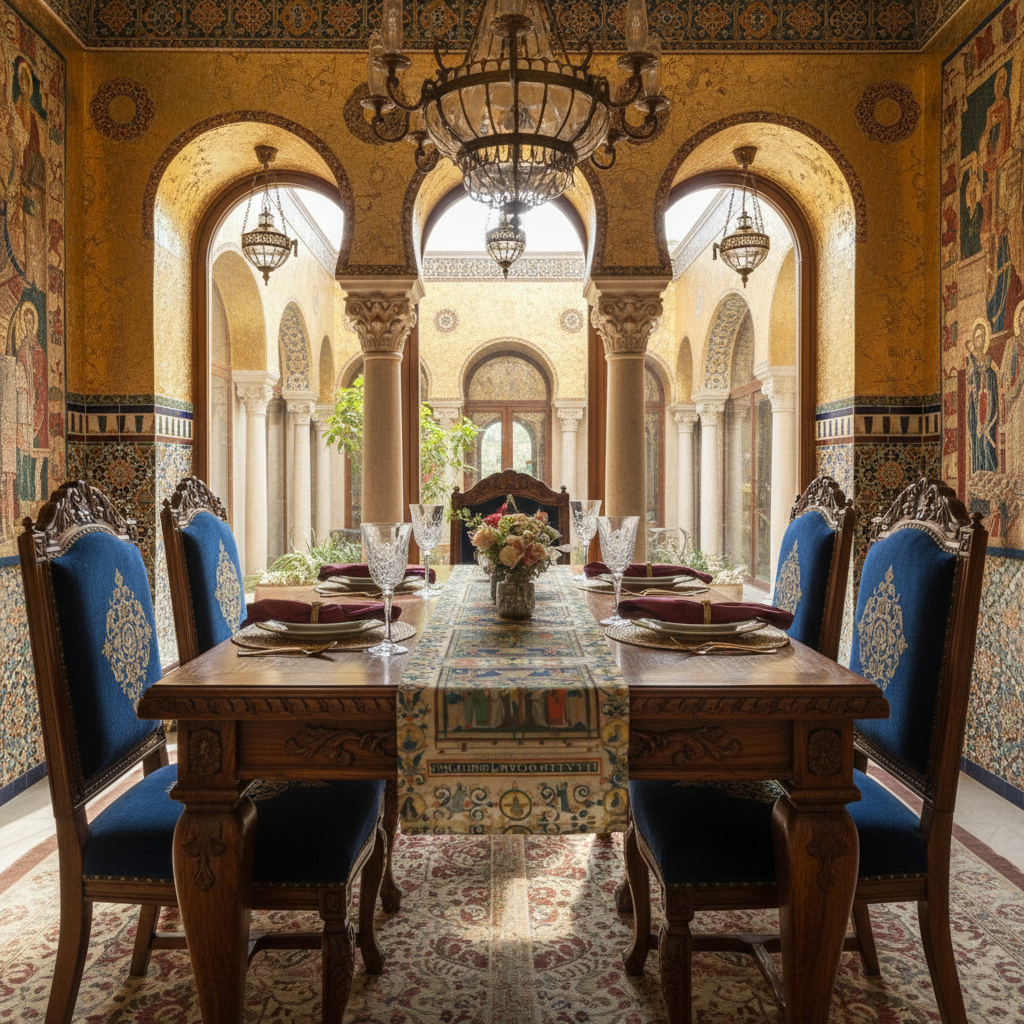 Bright Byzantine dining room with wooden table and Christ and the Virgin Enthroned table runner