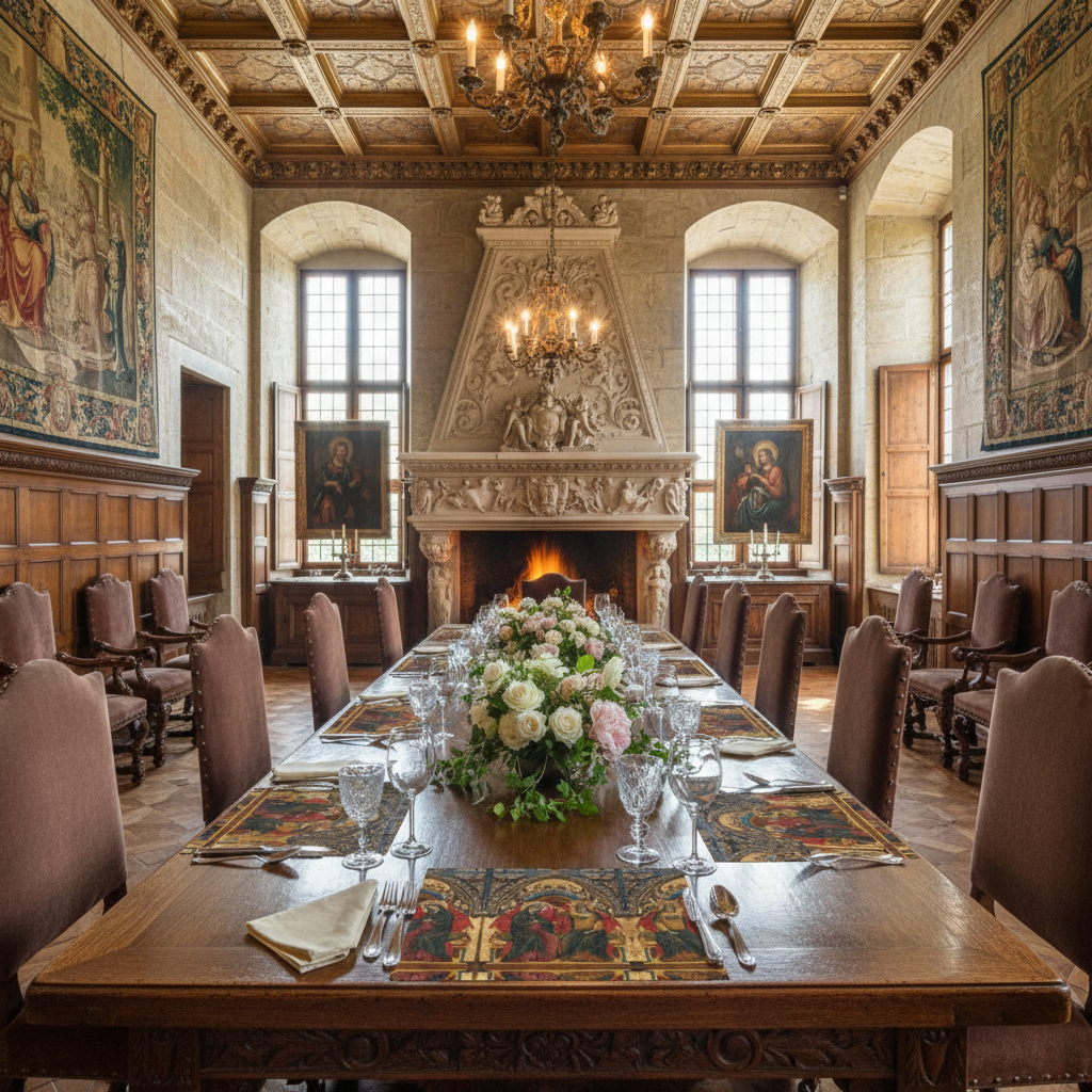 Bright Renaissance castle with Coronation of the Virgin placemats, candlesticks and flowers