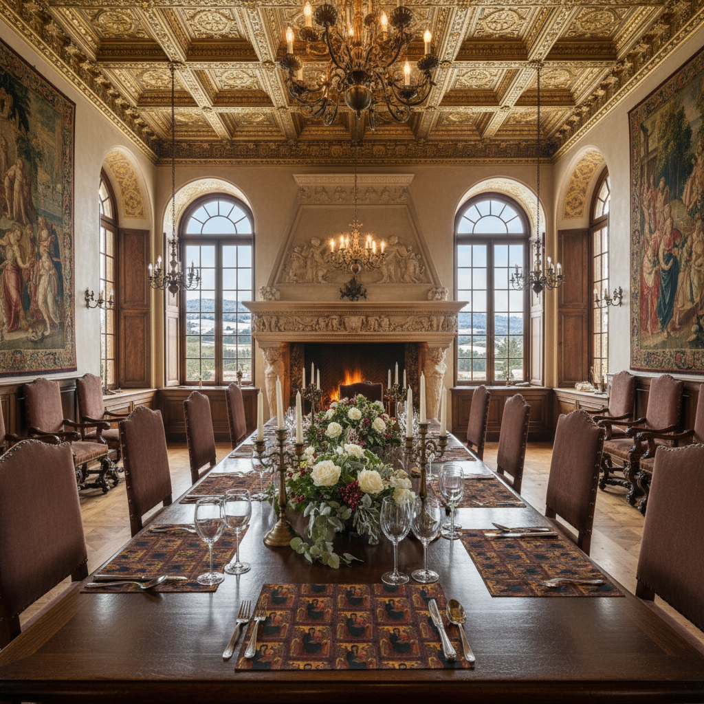 Bright Renaissance dining room with lots of windows, Madonna and Child placemats and candelabra