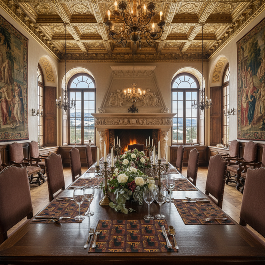 Bright Renaissance dining room with lots of windows, Madonna and Child placemats and candelabra