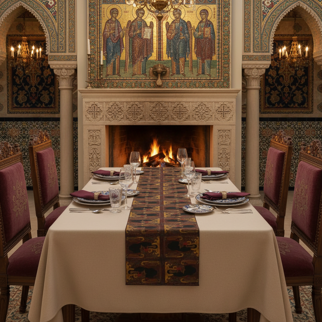 Byzantine dining room with Madonna and Child table runner on beige tablecloth with fireplace