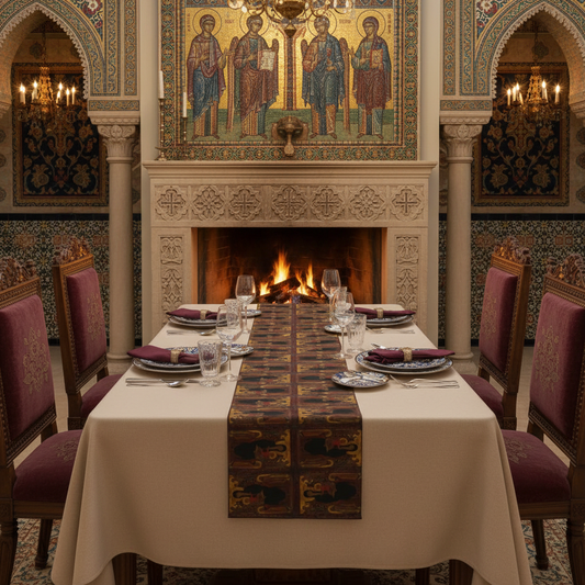 Byzantine dining room with Madonna and Child table runner on beige tablecloth with fireplace