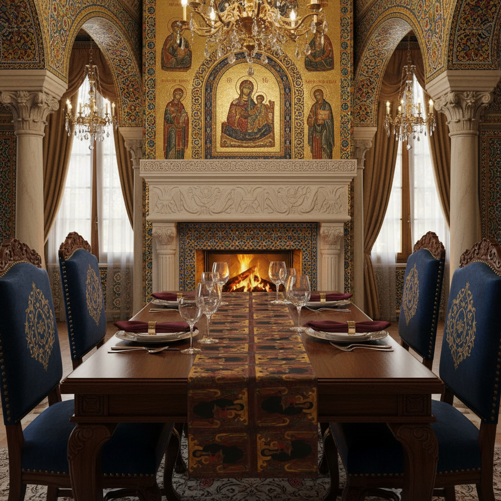 Byzantine dining room with Madonna and Child table runner on table with fireplace, no apples or tablecloth