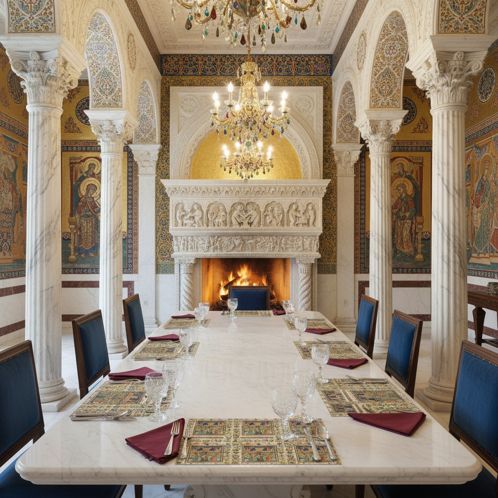 Byzantine palace with visible Christ and the Virgin Enthroned placemats, no napkins on top