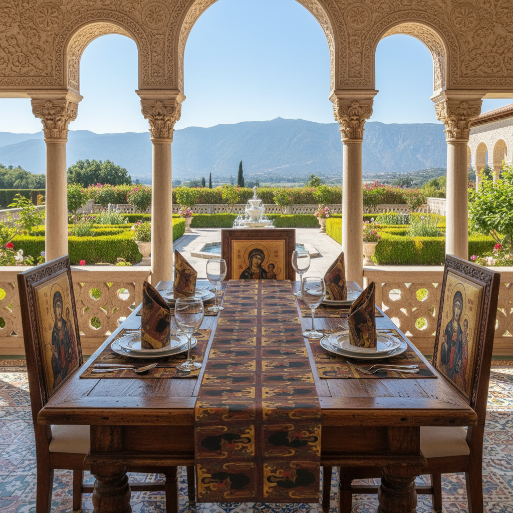 Byzantine terrace with exact collection napkins standing on plates