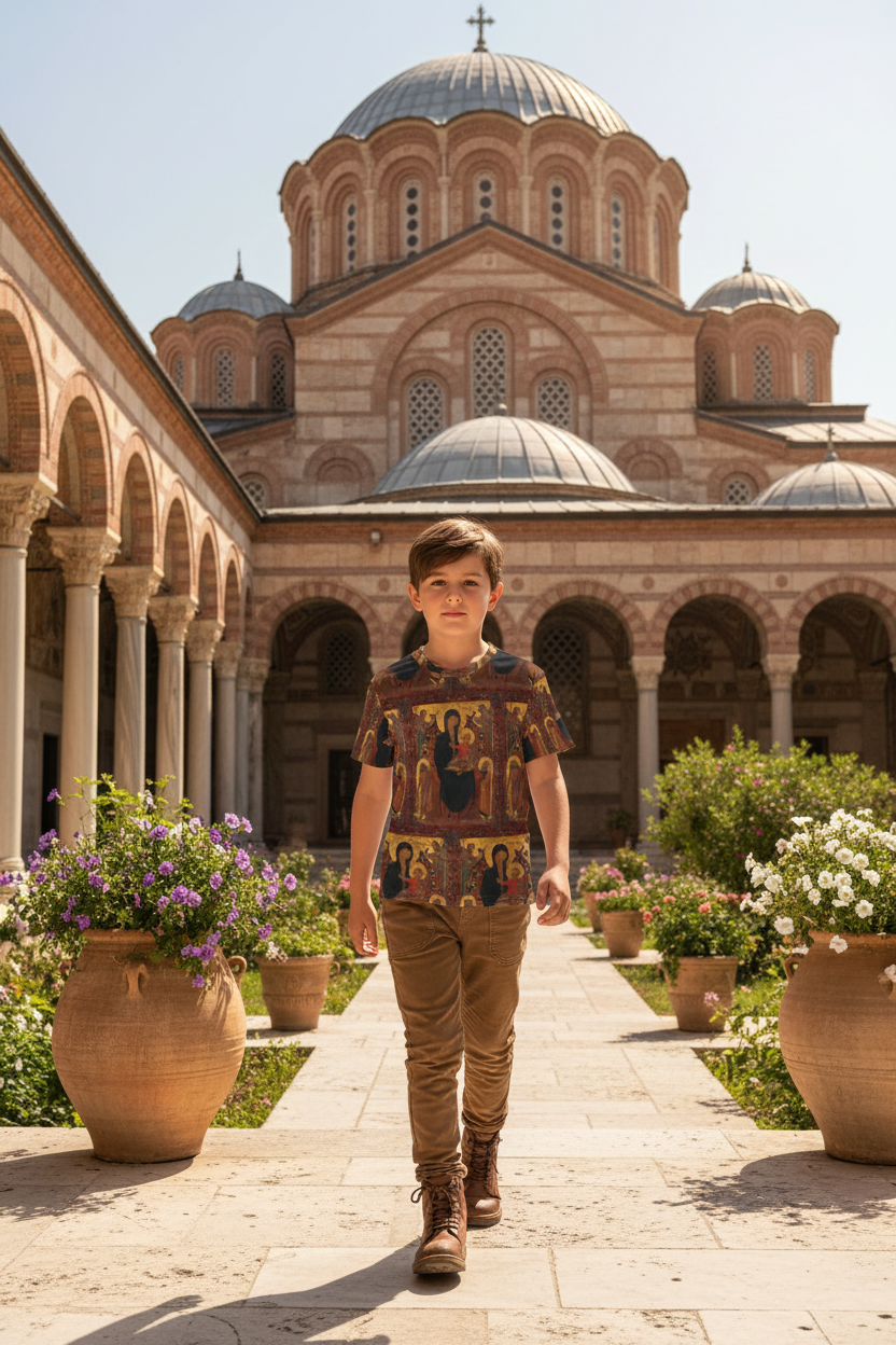 Child walking towards camera on Byzantine garden terrace with ancient church behind