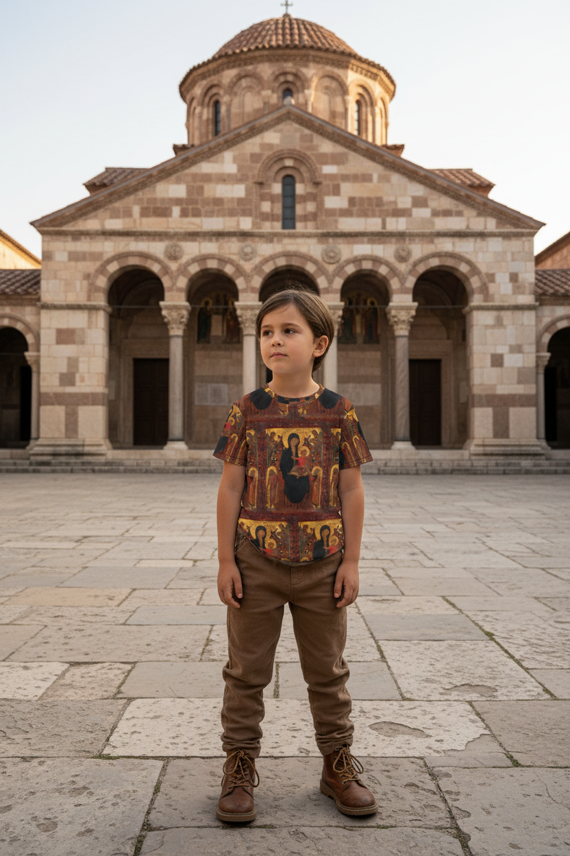 Child wearing Madonna and Child all-over print t-shirt in medieval courtyard outside Byzantine church