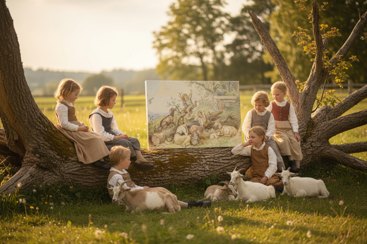 Children and Goats Canvas by Felled Tree