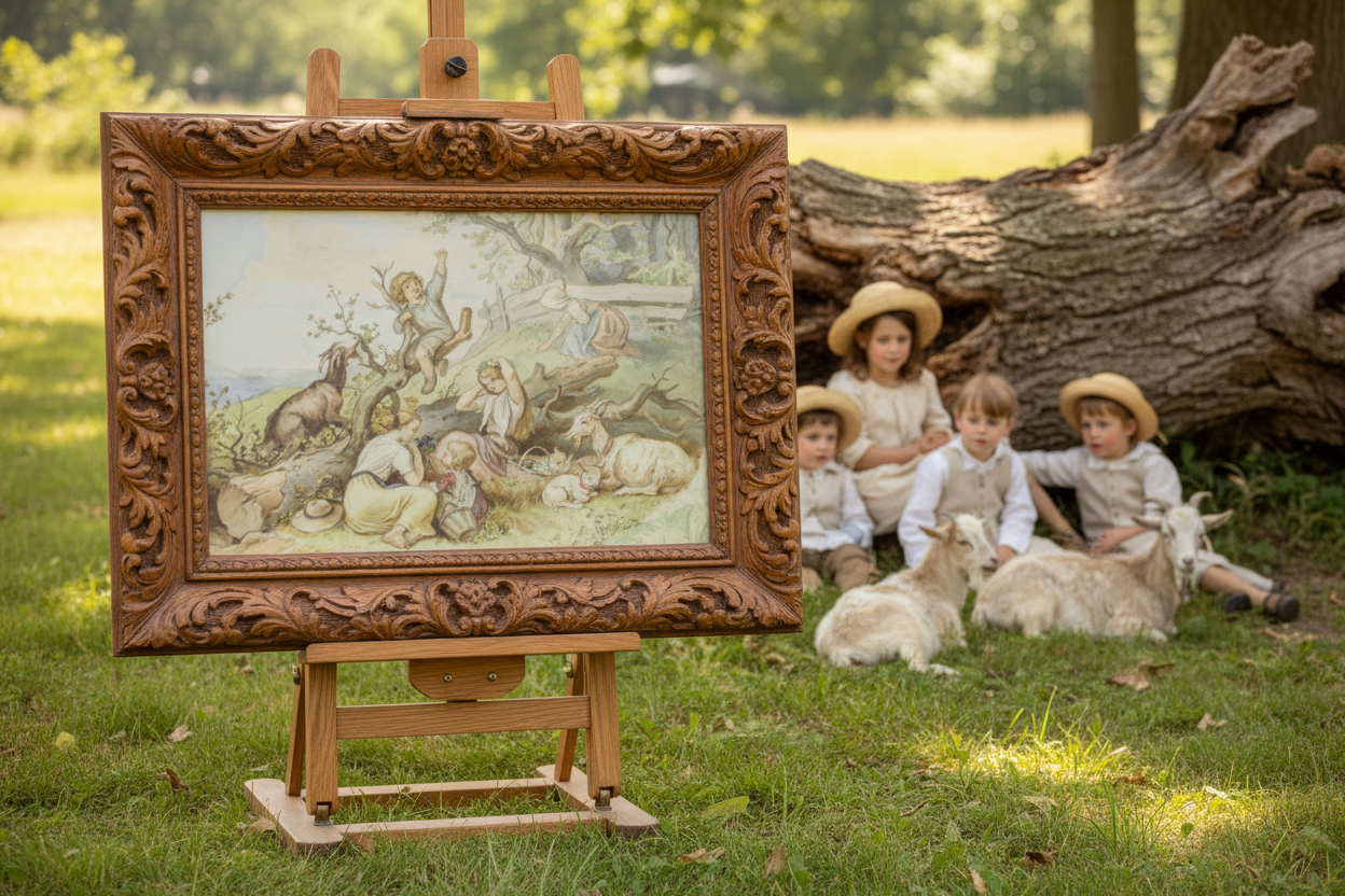 Children and Goats Canvas with Wooden Frame and Stand