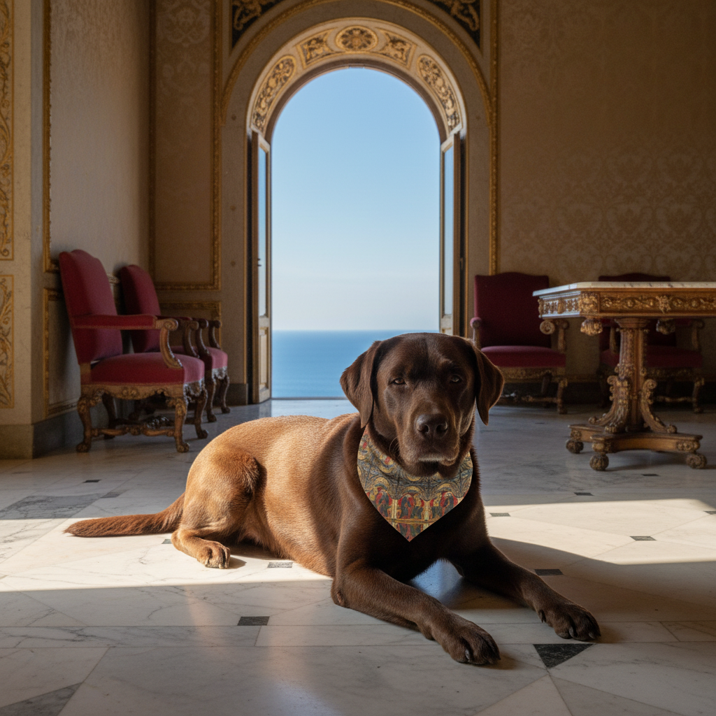 Chocolate lab at better angle showing Coronation of the Virgin bandana near Mediterranean window