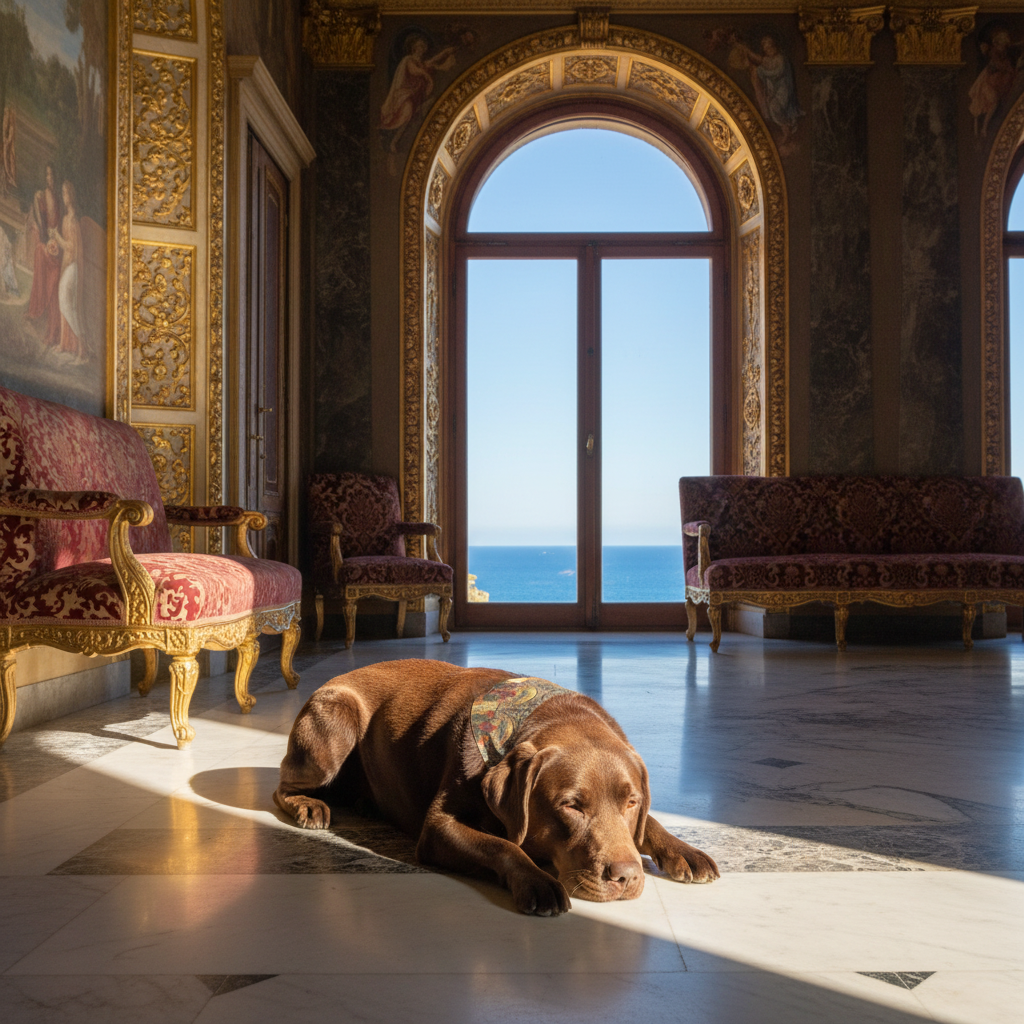 Chocolate lab wearing Coronation of the Virgin bandana near window with Mediterranean sea view