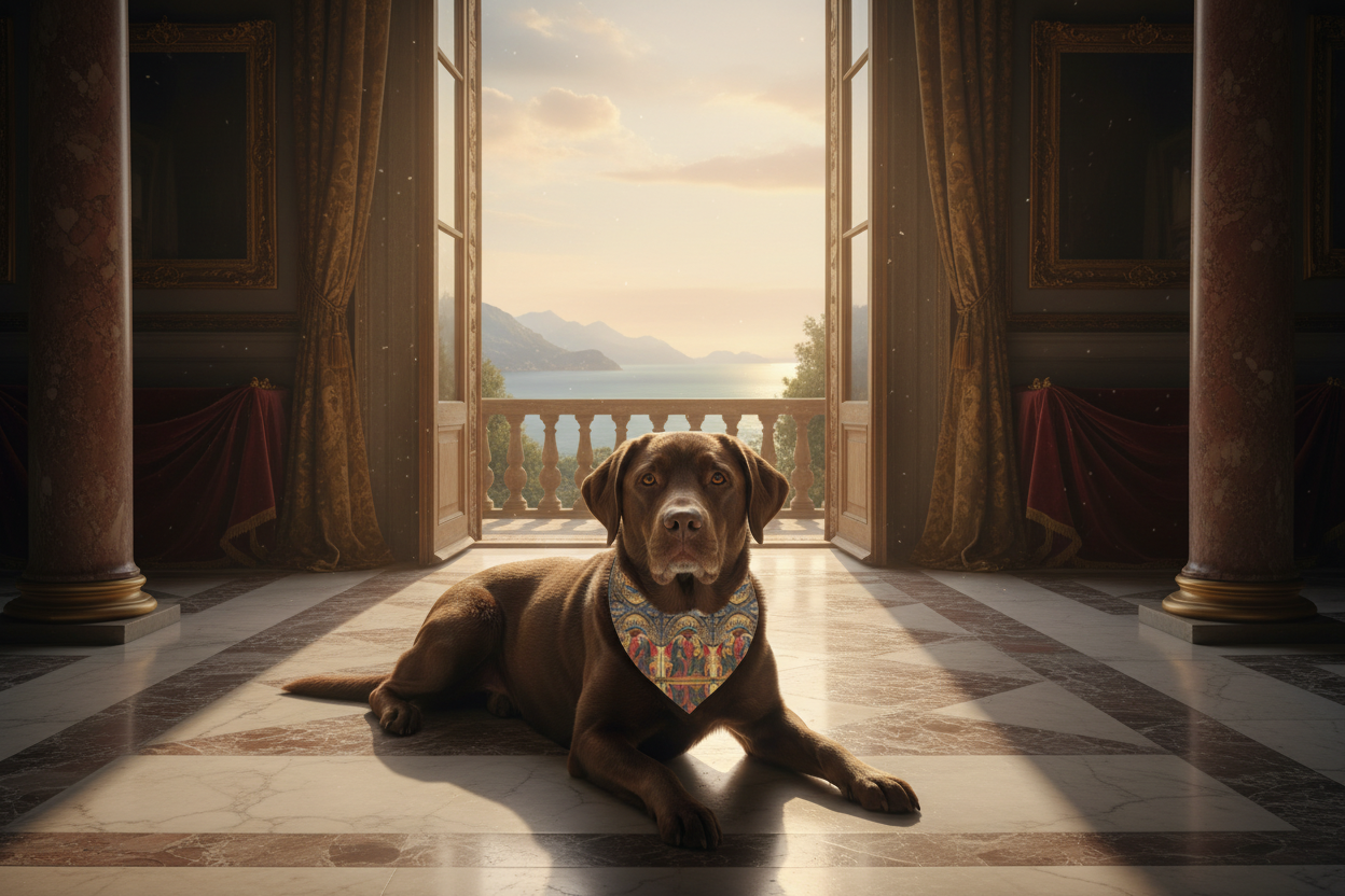 Chocolate lab wearing The Coronation of the Virgin bandana collar in Renaissance palace