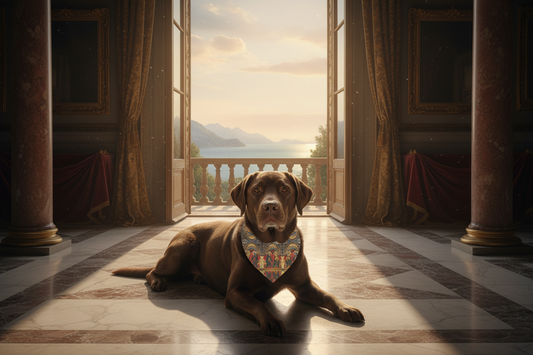 Chocolate lab wearing The Coronation of the Virgin bandana collar in Renaissance palace