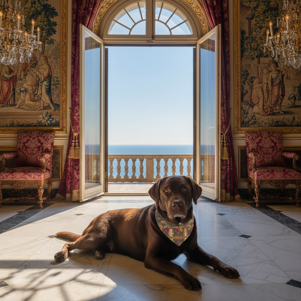 Chocolate lab with Coronation bandana in opulent palace with curtained glass doors and ocean balcony