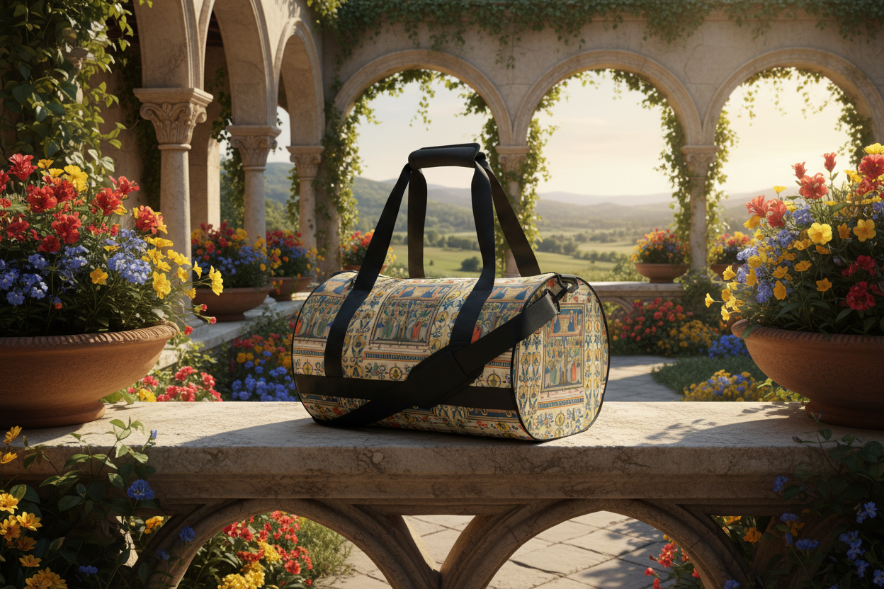 Christ and the Virgin Enthroned gym bag - Renaissance courtyard garden
