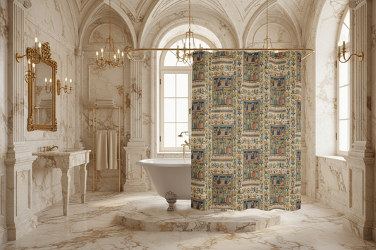 Christ and the Virgin Enthroned shower curtain with clawfoot tub in cream and brown marble bathroom