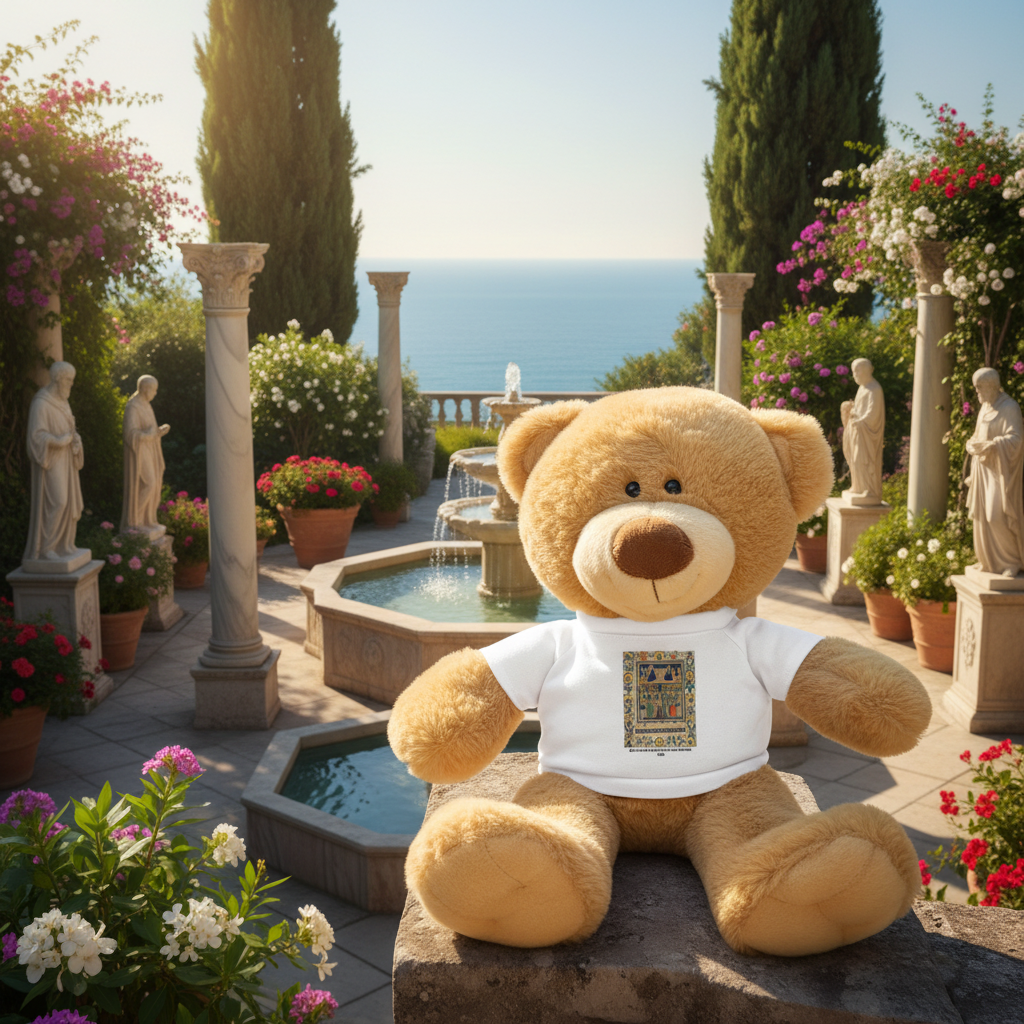 Christ and the Virgin Enthroned teddy bear at natural angle in Byzantine garden