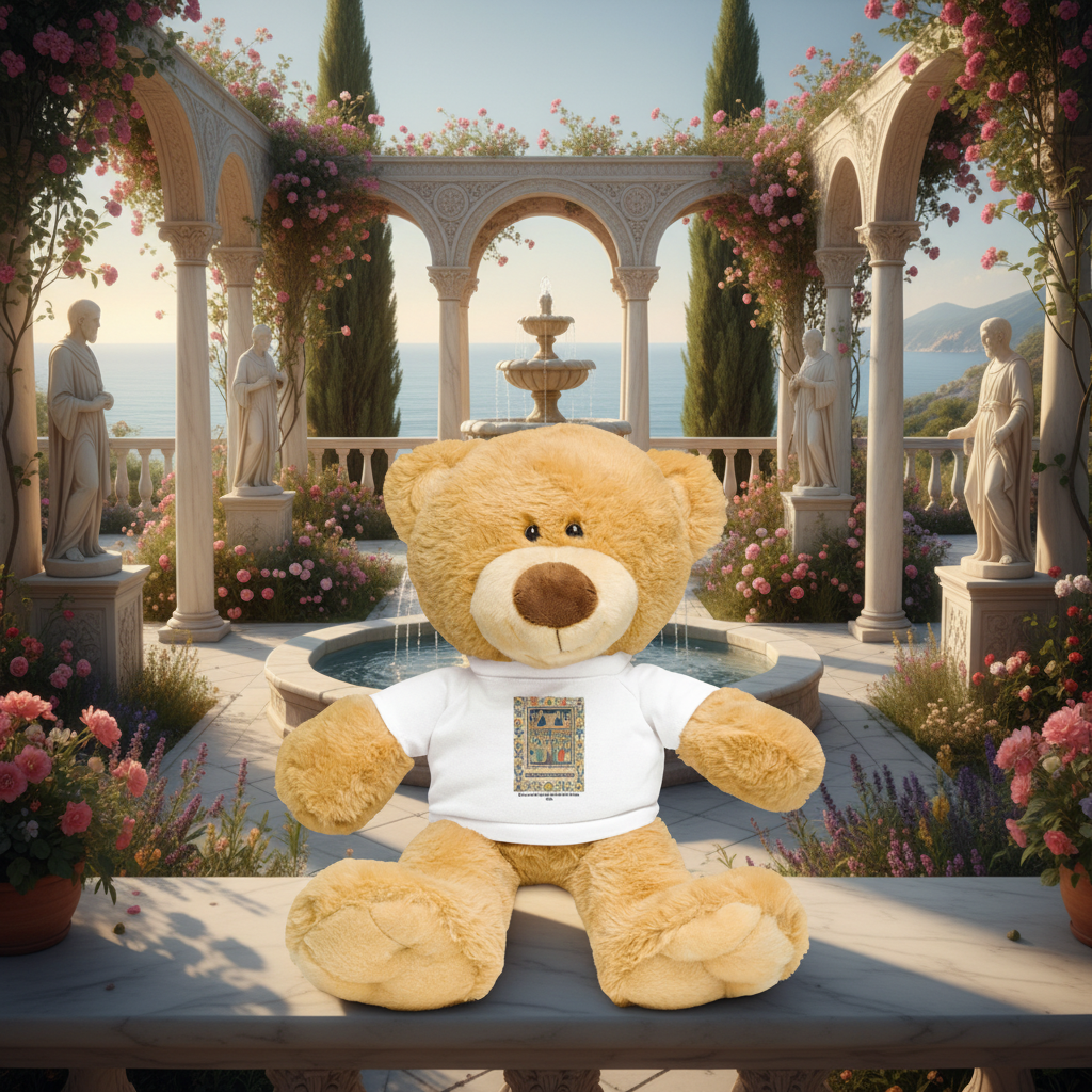 Christ and the Virgin Enthroned teddy bear in Byzantine garden with ocean