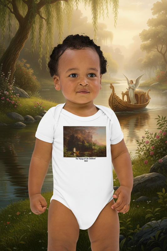 Closer view of baby in Voyage of Life bodysuit showing design in golden boat with angel