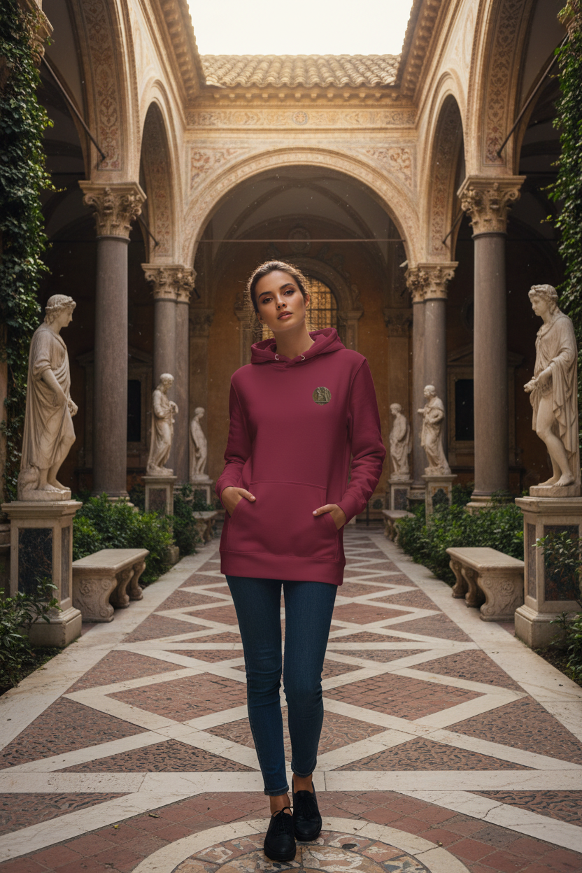Constantine and the Church hoodie in Renaissance courtyard