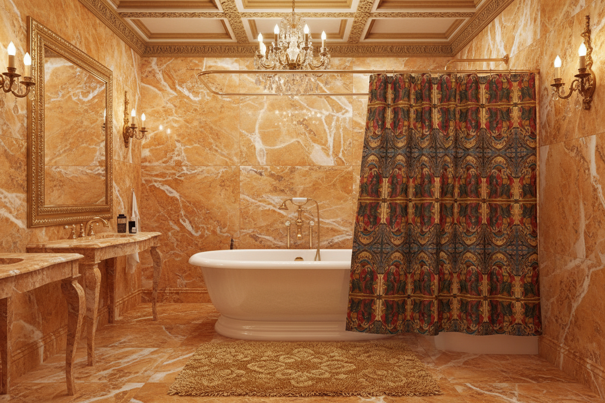 Coronation of the Virgin shower curtain in orange and gold marble bathroom