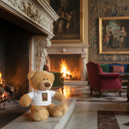 Coronation of the Virgin teddy bear at natural angle on fireplace hearth