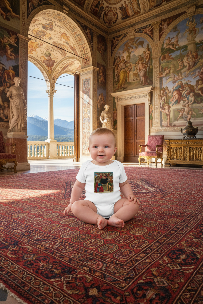 Different baby sitting in natural position on woven red rug in Renaissance room
