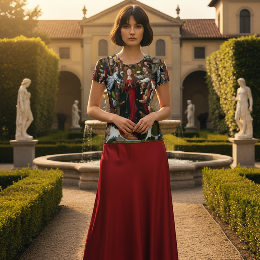 Different model with short hair in shirt and red skirt