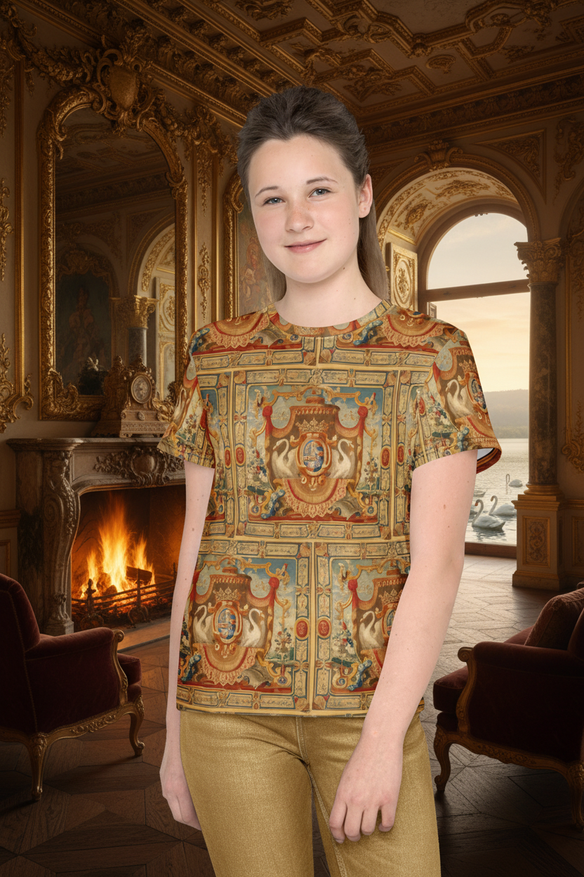 Different youth model in golden slacks in opulent castle