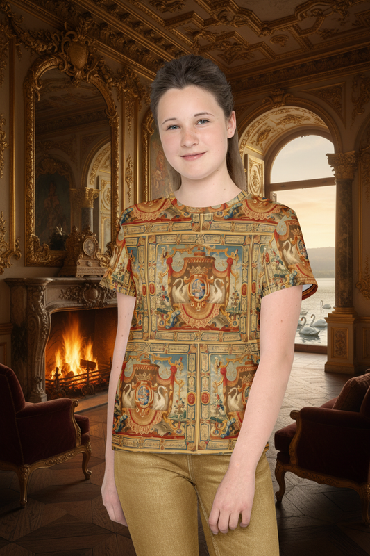 Different youth model in golden slacks in opulent castle