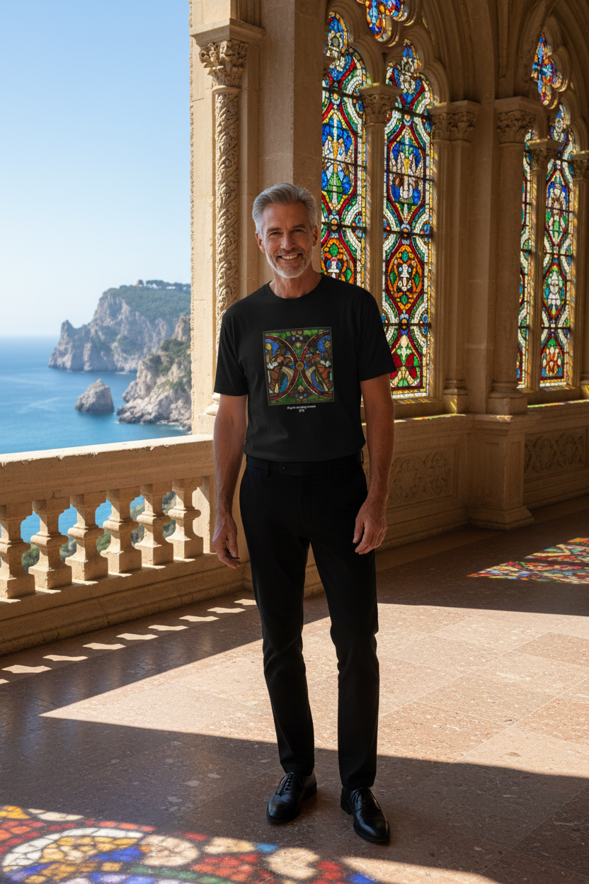 Distinguished older handsome man with happy smile wearing Angels Swinging Censers t-shirt with elegant black dress slacks and black shoes on sunny Renaissance terrace with stained glass and rocky Mediterranean view