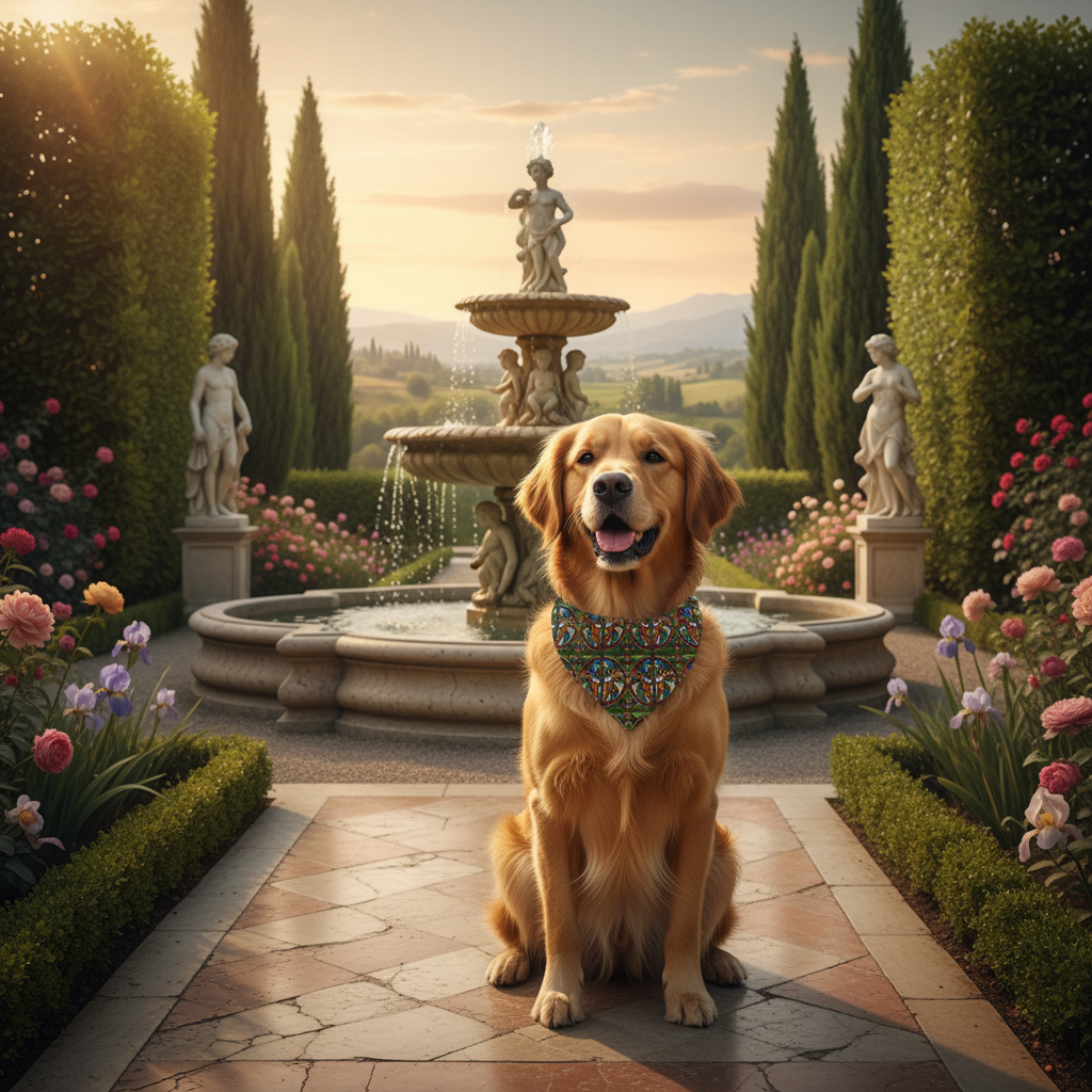 Dog wearing Angels Swinging Censurs bandana in Renaissance garden