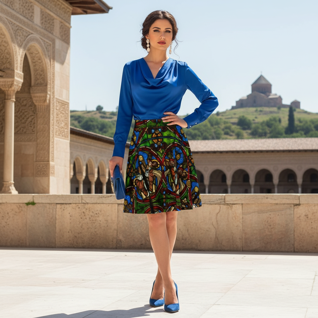 Elegant model in Byzantine courtyard