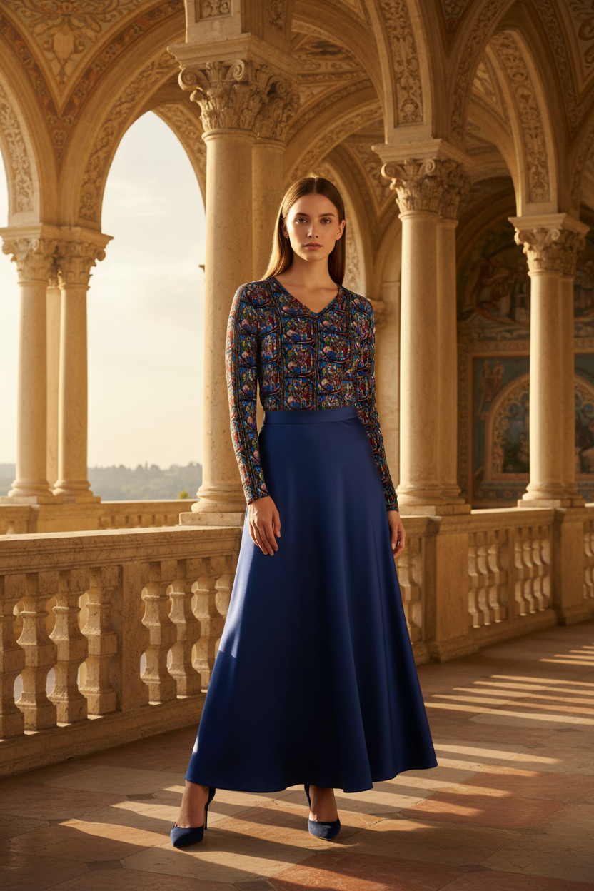 Elegant model on Renaissance terrace