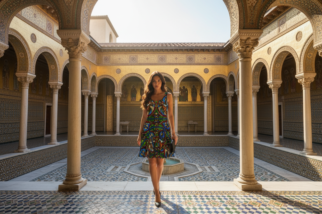 First model in exact Angels dress with black heels and clutch in Byzantine palace