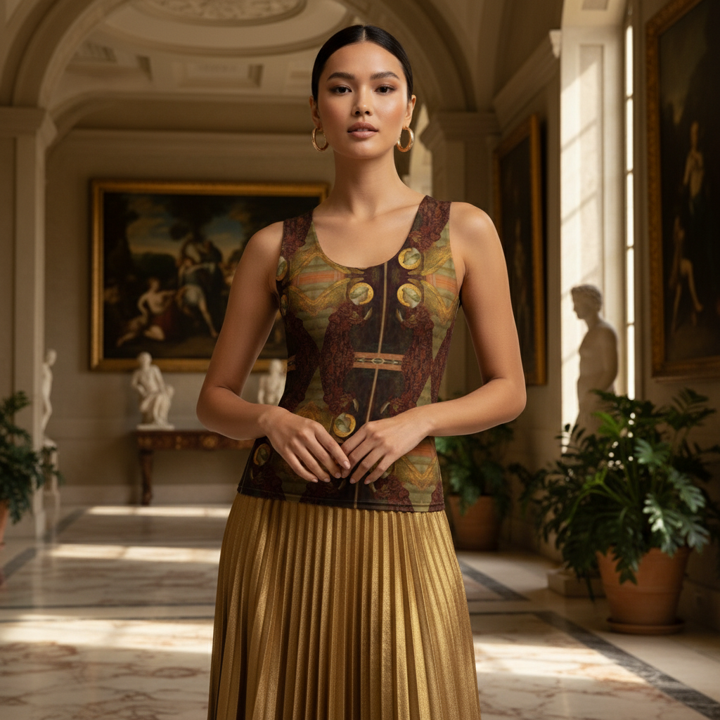 Front-facing lifestyle image with golden skirt