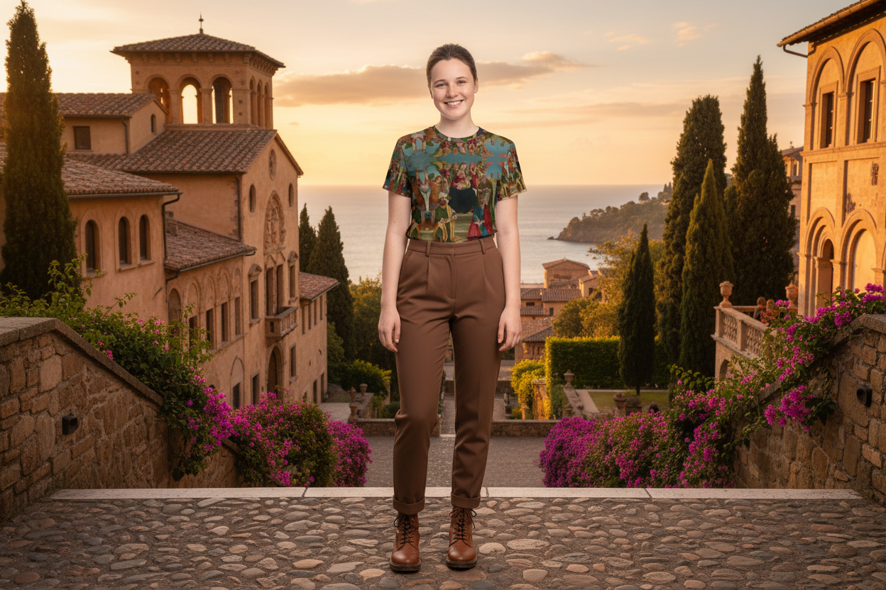 Front view of all-over-print Madonna and Child shirt in Mediterranean setting