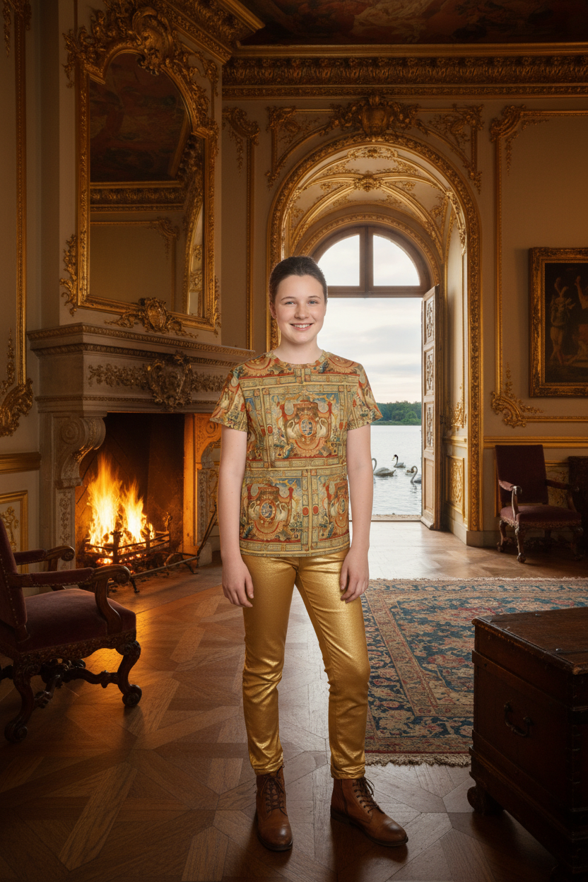 Front view - Youth model in golden slacks and brown boots