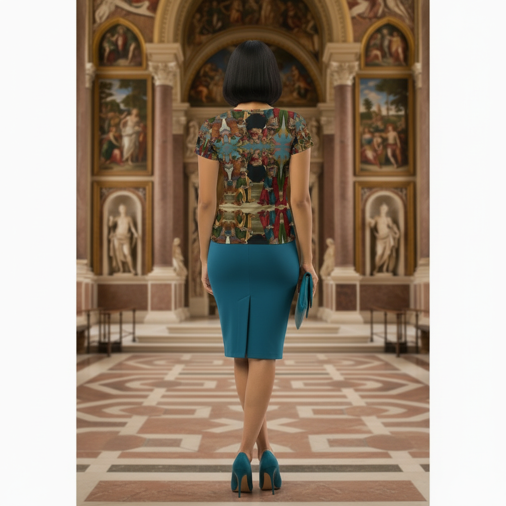 Full-body back view with shirt design