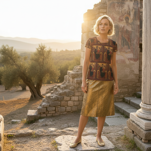 Full body image with knee-length gold skirt and ballerina shoes